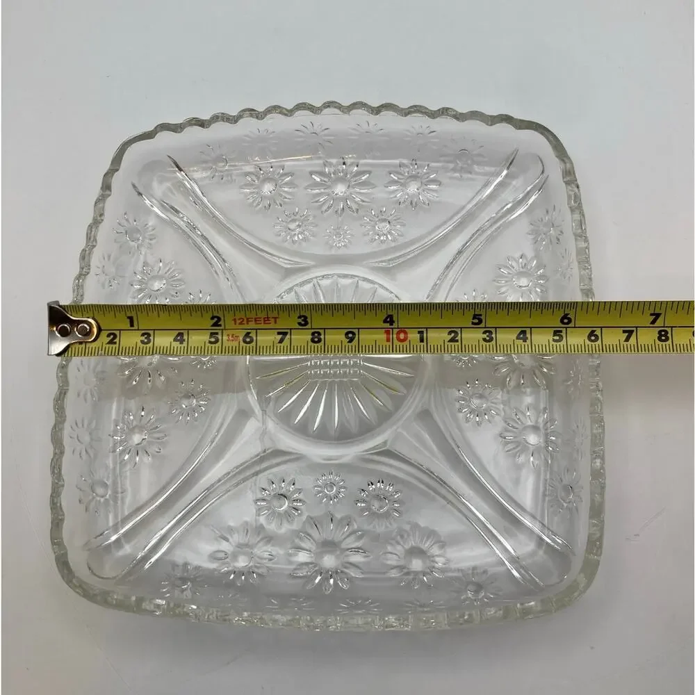 VTG Hazel Atlas Crazy Daisy Pressed Starburst Square Relish Tray Scalloped Rim